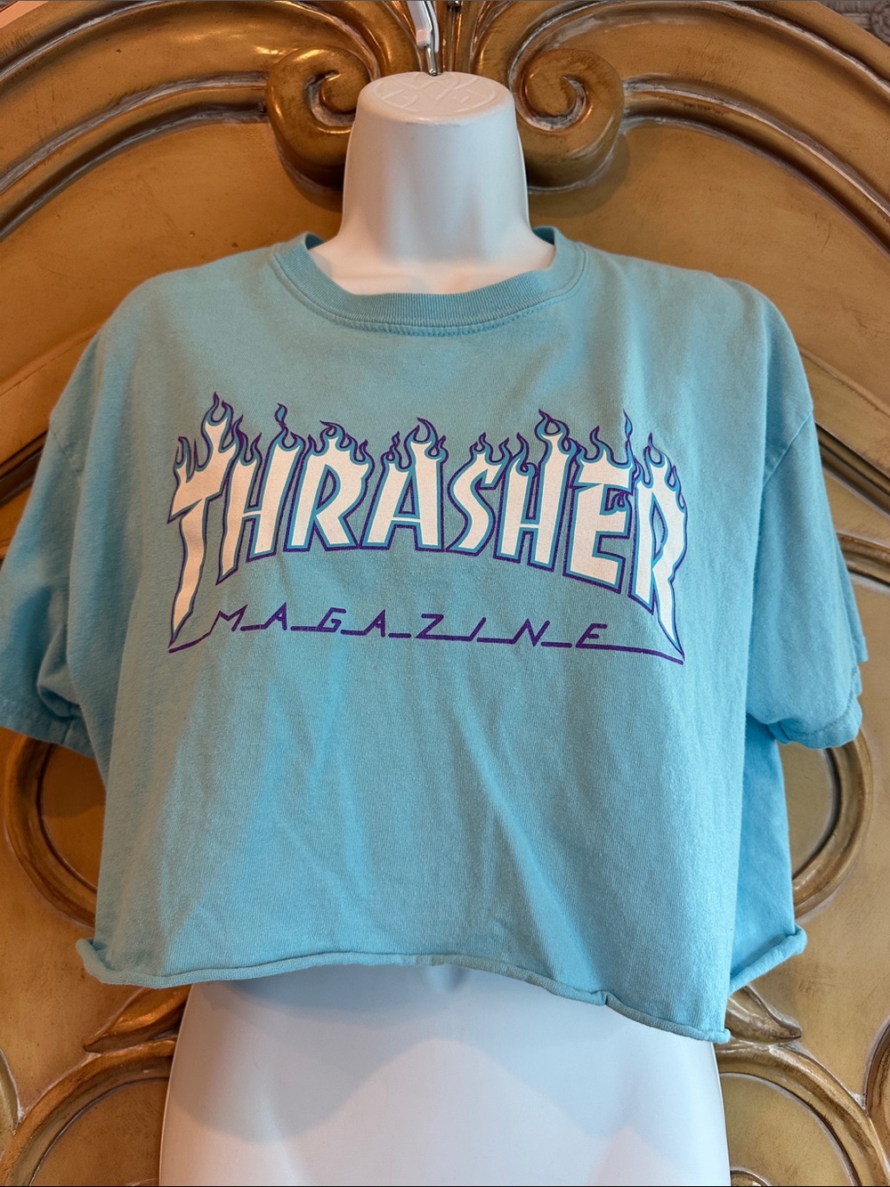 Thrasher Crop Tee in Light Blue with Purple Flame Logo